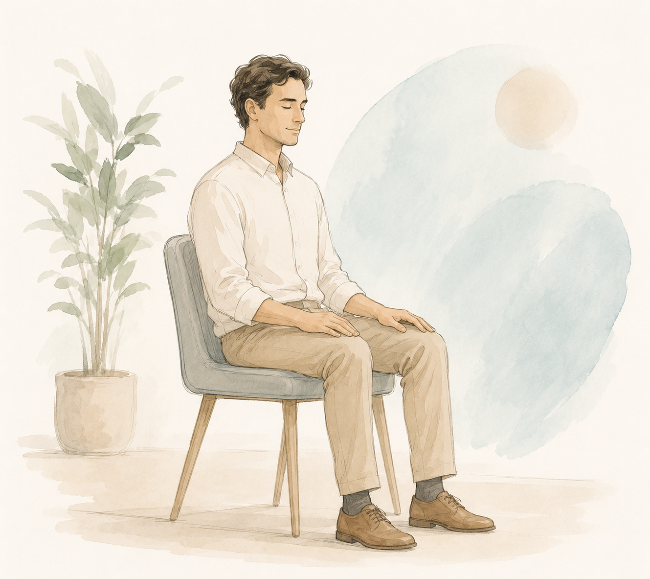 Illustratie: persoon zit rustig op een stoel, ogen gesloten